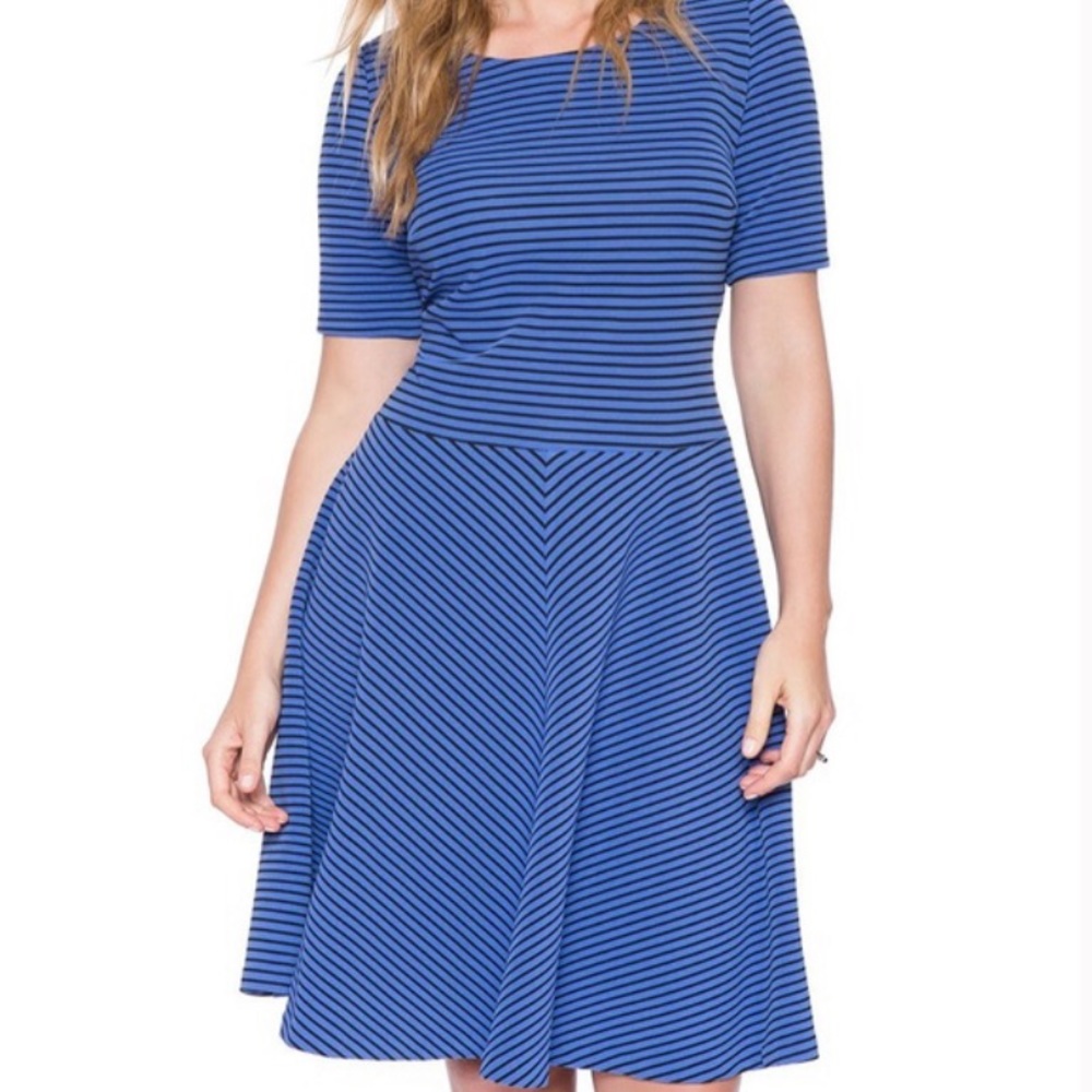 Eloquii Blue Striped Fit-and-Flare Dress
